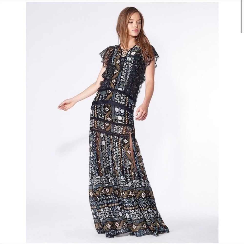 Veronica Beard Maxi Dress Boho‎ Tiered Elly Black Lace Printed Sz 0 - Picture 3 of 8